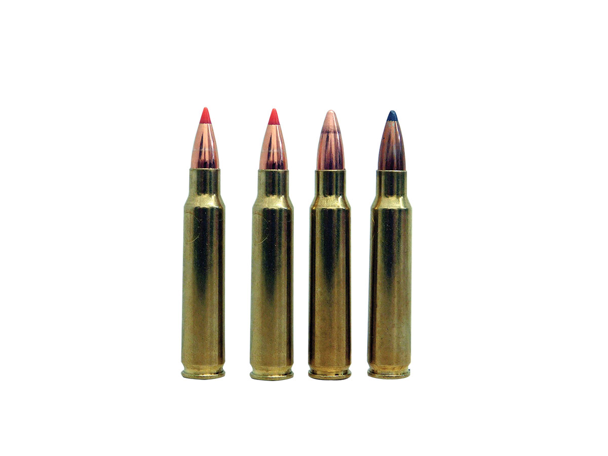 Heavier bullets were very accurate in the 6x45mm, but velocity was sometimes lackluster because of diminished case capacity. These include (left to right): the Hornady 75-grain V-MAX, Nosler 80 Ballistic Tip, Sierra 90 FMJ and a Sierra 100-grain spitzer.